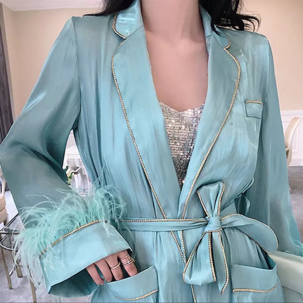 Green saje color short dress or blouse or jacket size S/M feather gold silky